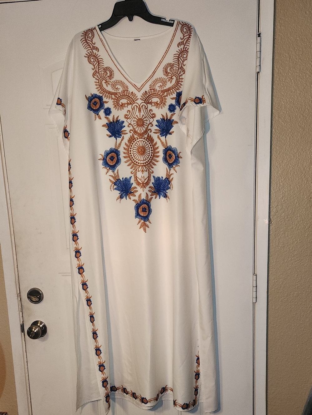 SHEIN White Maxi Dress with Blue & Brown Embroidery